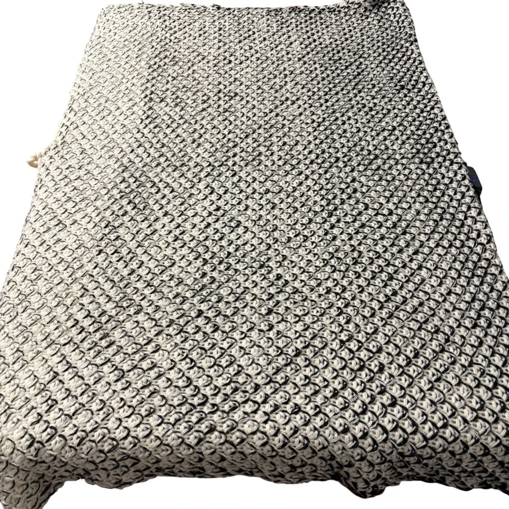 Pottery Barn Chunky Knit Throw Blanket Cream Black Marled Tassel 50x60 4982166